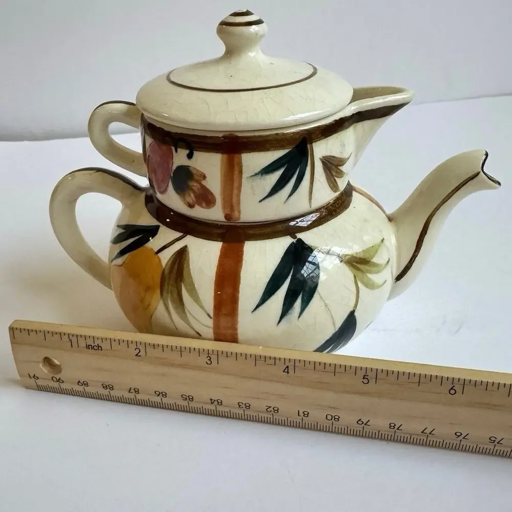 Vintage Tea for One Stacking Set Teapot Creamer Autumn Leaves Pattern Pear Japan